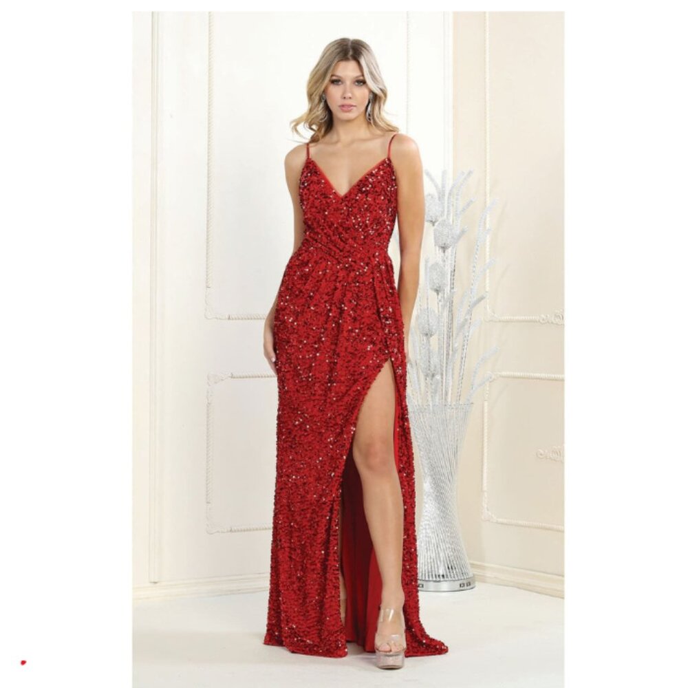 Red Formal Long V-Neck Sleeveless Sheath Dress By Royal Queen RQ7986